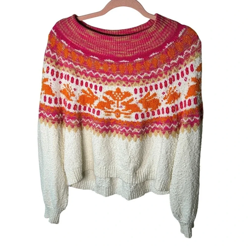 Free People Rabbit‎ Fair Isle Knit Sweater Pink & Orange Size XS